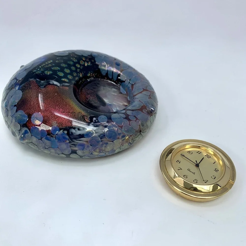 Vtg Art Glass Paperweight Clock Hal Wahlborg Studio Abstract Blue 4.5
